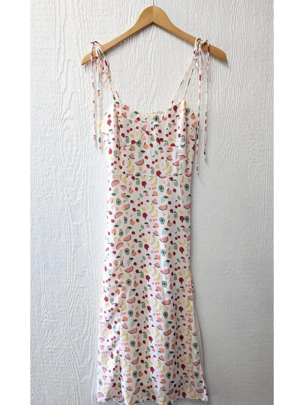 Commense Fruit Print Summer Tie Strap Dress Flirty Festival Beach Travel Size XS